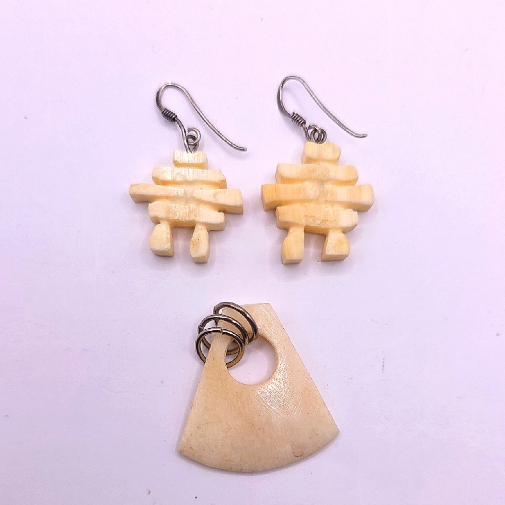 Carved Bone Inukshuk with Sterling Silver Hook Earrings and Pendant Set